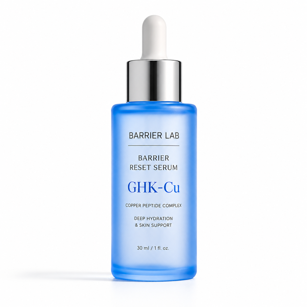 Barrier Lab Barrier Reset Serum in blue glass dropper bottles on white background