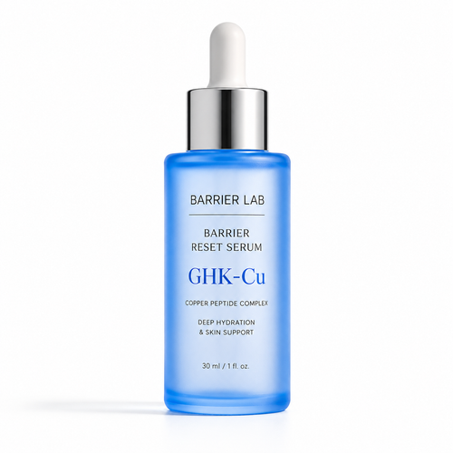 Barrier Lab Barrier Reset Serum in blue glass dropper bottles on white background